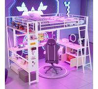 Lit fonctionnel MODFU pour adolescents 140 x 200 cm avec éclairage LED et port USB, cadre de lit avec bureau et espace de rangement, lit mezzanine avec panneau perforé, sans matelas, blanc