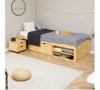 Lit fonctionnel SABRINA lit simple 90x190 cm pour enfant, 1 table de chevet sur roulettes, 1 grand tiroir et 2 étagère, pin naturel