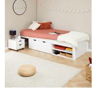 Lit fonctionnel SABRINA lit simple 90x190 cm pour enfant, 1 table de chevet sur roulettes, 1 grand tiroir et 2 étagère, en pin
