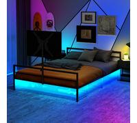 Lit Gaming Noir LED, Support Moniteur Réglable, Paniers Rangement, Métallique 206 cm