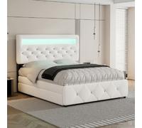 Lit gigogne 140x200 cm, 2 tiroirs, table de chevet avec barre lumineuse, en lin, blanc