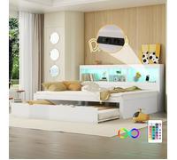 Lit Gigogne 140x200 cm,Lit Double avec Tiroir de Couchage 90x190, LED Contrôlée à Distance, USB et Prise,Rangement Intégré,Blanc