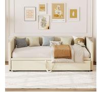 Lit gigogne 90/180x200cm, Canapé-lit extensible, Lit capitonné avec lit escamotable, avec sommier à lattes, beige