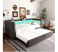 Lit Gigogne 90×190 pour Adulte Enfant Ado Lit 2 Place avec Rangement et LED Canapé-Lit Extensible 180cm avec Ports USB Gris
