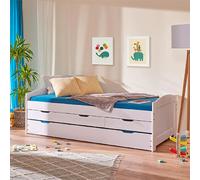 Lit gigogne 90x190 cm avec 3 tiroirs en pin massif blanc - CHAMBERY