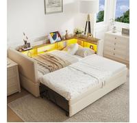 Lit Gigogne 90x190cm Lit 1 Place avec Rangement et LED pour Adulte Ado avec Prises Intégrées Canapé-Lit Extensible 180cm Beige