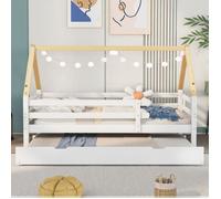 Lit Gigogne 90x200/190 cm, Lit enfant, Lit cabane, Lit simple avec roulettes en bas, Bois massif, Cadre de Lit en couleur naturelle