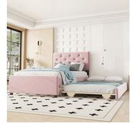 Lit gigogne 90x200 cm 2 personnes en velours avec roulettes,lit double rembourré avec sommier à lattes cadre de lit,rose