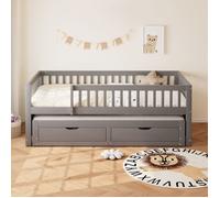 Lit gigogne 90x200 cm bois gris, sécurité barrière, tiroirs rangement, lit extensible, sommier bois, lit enfant adolescent