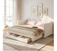 Lit gigogne 90x200 cm lit banquette extensible 180cm 2 tiroirs de rangement, ports usb & type-c-design scandinave-Bou eige