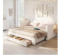 Lit gigogne 90x200 cm lit banquette extensible 180cm avec 2 tiroirs de rangement, ports usb & type-c -scandinave - velours - beige