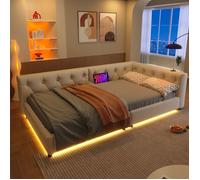 lit gigogne 90x200, couchage quotidien banquette lit, éclairage LED multicolore, ports USB, revêtement lin naturel
