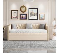 Lit Gigogne 90x200cm+90x190cm -Lit Banquette Capitonné 2-en-1 avec Lit Tiroir Extra-Litable, Clous Décoratifs - Lin Beige