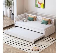 Lit Gigogne 90x200cm - Canapé Lit Avec Sommier à Lattes - Avec Motif Boutons - En Velours Beige