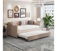 Lit Gigogne 90x200cm, Canapé-lit, Lit Banquette 2 Places, Sommiers à Lattes, Beige