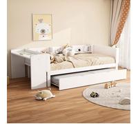 Lit gigogne - Blanc - 90x200cm + 90x180cm - Avec bureau - 3 étagères - Montage nécessaire