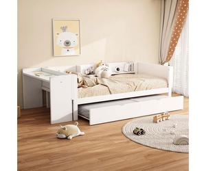 Lit gigogne - Blanc - 90x200cm + 90x180cm - Avec bureau - 3 étagères - Montage nécessaire