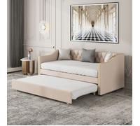 Lit gigogne - Canapé-lit extensible 90x200 - Tissu lin beige - Sommier à lattes (13) - Style scandinave