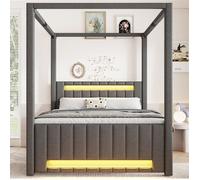 Lit gigogne Double 140 × 200 cm, 3 tiroirs et LED réglable - YEAVIO - sans matelas, lin, gris, baldaquin