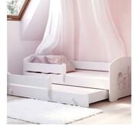 Lit gigogne double pour enfants LUK II 160 x 80 avec 2 matelas, 2 sommiers, blanc avec motif de fillette et licorne