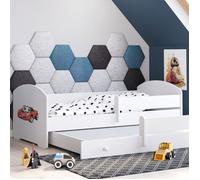 Lit gigogne double pour enfants LUK II 160 x 80 avec 2 matelas, 2 sommiers, blanc avec motif de voiture de course