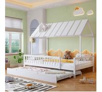 Lit gigogne enfant 120x200cm Design Cabane avec Cheminée - Lit Gigogne - Protection 3 côtés, Bois Pin Massif, Sommier, Blanc