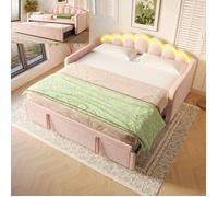 Lit gigogne enfant 90/180x200cm Lit double rembourré en velours Lit de repos avec Lumière LED et Sommier à lattes - rose