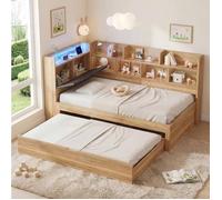 Lit gigogne enfant 90x200 avec lit d'appoint 90x190, LED, USB/USB-C, rangements, MDF, naturel