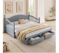 Lit Gigogne Enfant Adulte 90/180x190 Cm Canapé-Lit Extensible Bois Massif Gris Avec Colonnes Romaines Et Tiroirs