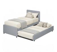 HOMCOM Lit gigogne 90 x 190 cm, Cadre de lit Simple/Double avec sommier à Lattes en Bois, tête et Pied rembourrés en Tissu Aspect Lin, Charge 400 Kg, Montage Facile, Gris Clair (sans Matelas)