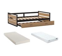 Lit gigogne industriel BOSTON - 2 x 90 x 190 cm - MDF, Pin et métal - Coloris : Noyer et anthracite + Matelas