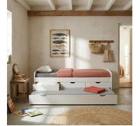 Lit gigogne JESSY lit enfant fonctionnel avec tiroir-lit et rangement 3 tiroirs, couchage 90x190 cm, en pin massif lasuré blanc