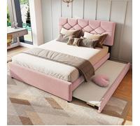 Lit gigogne Maisentiel 140x200 velours rose capitonné design romantique avec sommier et tiroir réversible