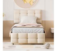 Lit gigogne Maisentiel 90x200 lin beige, tête réglable et lit tiroir 90x190 cm, design classique