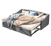 Lit gigogne Moonbite, 180x200 cm, en velours gris, comprenant 2 structures modulables pour former un lit double, avec sommiers à lattes