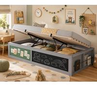 Lit hydraulique pour enfant Flieks 90 x 200 cm avec rangement, lit enfant avec rangement, tableau et plateau en feutre, lit hydraulique simple, gris