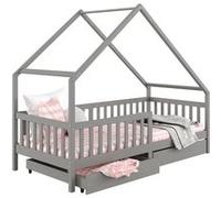 Lit cabane ALVA lit enfant simple asymétrique en bois 90 x 200 cm montessori, avec rangement 2 tiroirs, en pin massif lasuré gris