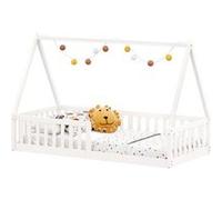 Lit cabane enfant 90x200 cm NICOLAS lit Simple montessori avec Barrières de Protection en Bois Massif, Laqué blanc
