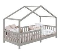 Lit cabane enfant 90x200 cm LISAN lit Simple montessori avec Barrières de Protection en Bois Massif lasuré gris