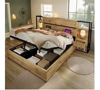 Lit industriel180x200 avec sommier à Lattes et hydraulique,Lit Coffre 180x200 avec tiroirs et USB TypeC,Bois Chêne (Sans Matelas)