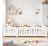 Lit inspiration Montessori 120x200, Lit au Sol, Lit Enfant au Sol avec Barriere, Bois Pin, pour Chambre de Garçons Filles, Blanc