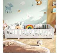 Lit inspiration Montessori 90x200, Lit au Sol, Lit Enfant au Sol avec Barriere, Bois Pin, pour Chambre de Garçons Filles, Blanc