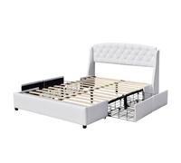Lit Iris - Lit 140x190 avec Sommier et 4 tiroirs + Tête de lit BLANC + Pieds 4 cm - 2 x 13 Lattes - PVC Simili
