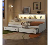Lit jour 90x200cm blanc, sans matelas, 2 USB, LED, 2 tiroirs, chevet