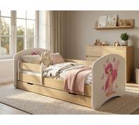 Lit junior 140 x 70 cm « Happy » avec coffre de rangement | Lit d'enfant avec barrière de sécurité |Reproduction « Poirier clair » pour chambre d'enfant, princesse, fille