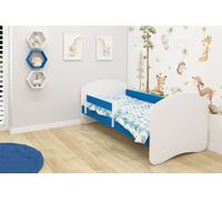 Lit junior ACMA II Lit enfant 140 x 70 cm Lit junior Ensemble complet avec matelas Sommier à lattes et barrière de sécurité Blanc / Bleu , Chambre d'enfant