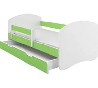 Lit junior ACMA II Lit enfant 140 x 70 cm Lit junior Ensemble complet avec matelas, sommier à lattes et barrière de sécurité Blanc / Vert, avec coffre de rangement, chambre d'enfant