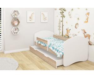 Lit junior ACMA II Lit enfant 140 x 70 cm Lit junior Ensemble complet avec matelas, sommier à lattes et barrière de sécurité Blanc / Chêne Sonoma, avec coffre de rangement