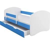 Lit junior ACMA II Lit enfant 140 x 70 Lit junior Ensemble complet avec matelas Sommier à lattes et barrière de sécurité Blanc / Bleu , avec coffre de rangement, chambre d'enfant