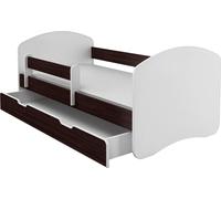 Lit junior ACMA II Lit enfant 140 x 70 Lit junior Ensemble complet avec matelas Sommier à lattes et barrière de sécurité Blanc / bois wengé, avec coffre de rangement